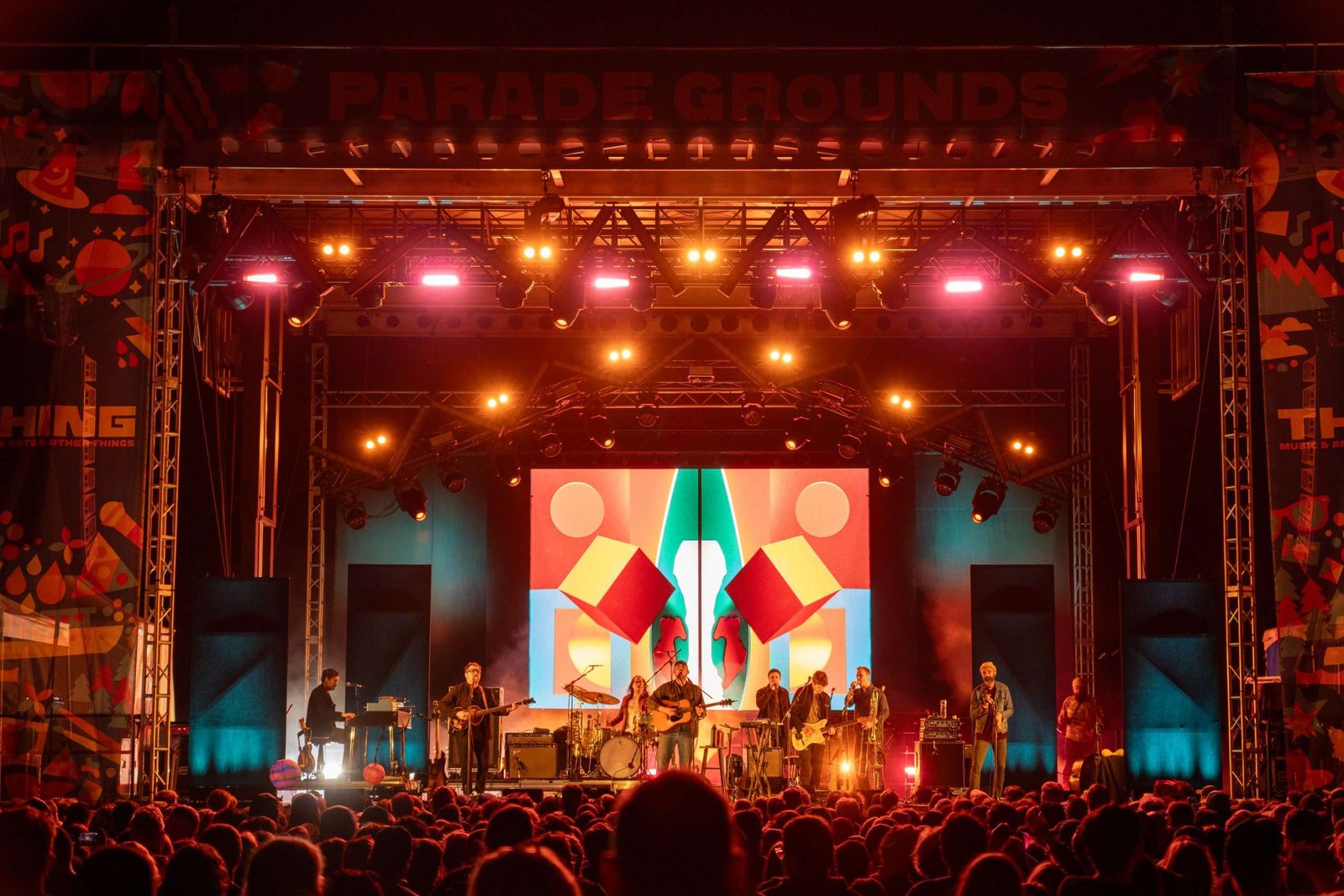 Image is a wide angle shot of the Thing NW Festival Main Stage from the perspective of an audience member in general admission.